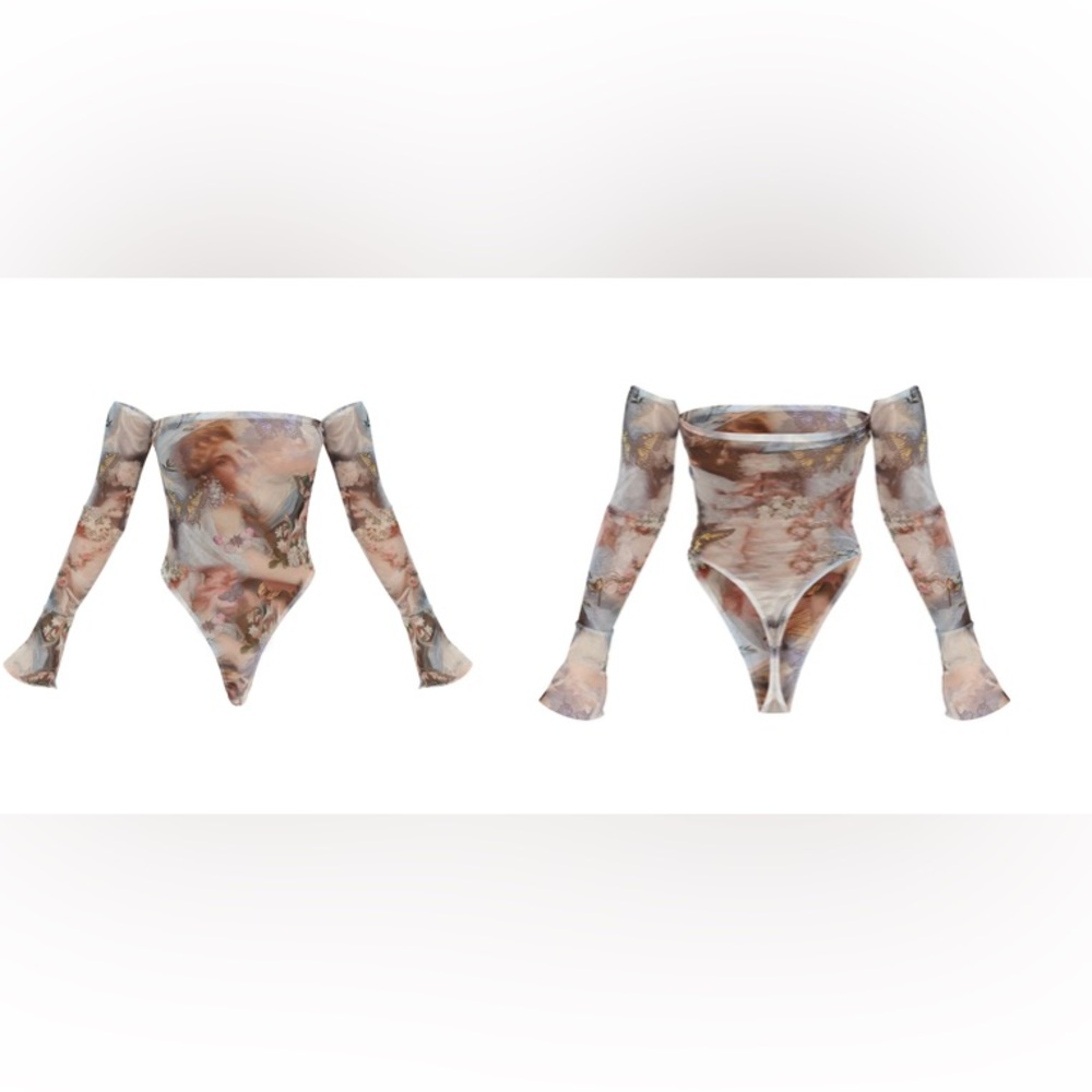PrettyLittleThing Petite Stone Butterfly Renaissance Print Mesh Bodysuit 4